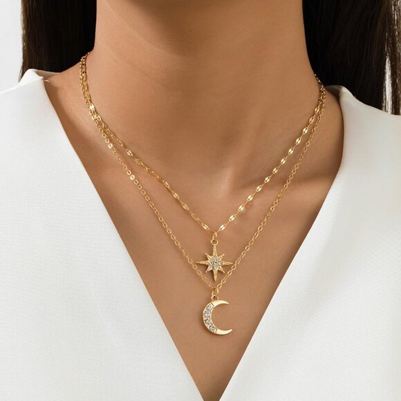 Stylish Gold-Plated Star & Crescent Moon Necklace Set – Perfect for Any Occasion - Picture 2 of 5